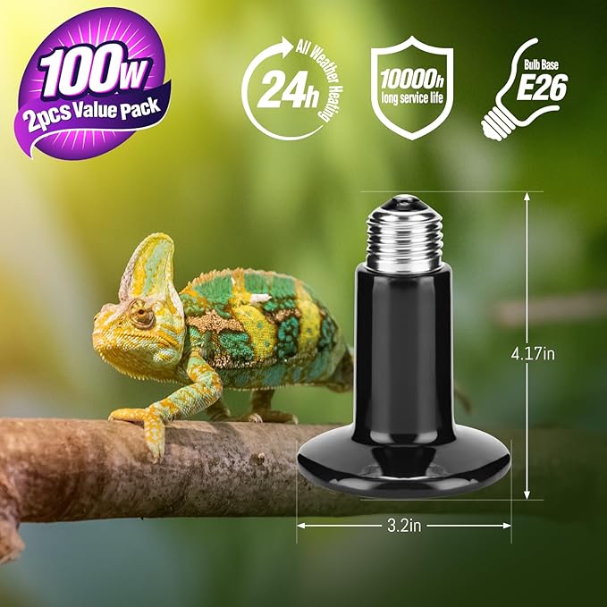 Leoterra Ceramic Heat Lamp for Reptiles 2pack100w Ceramic Heat Emitter for Amphibian Tank,Chicken Coop,Dog, Bird Coop, Cat House Use, Strong Durable and Powerful,Gives Off No Light(2-Pack)