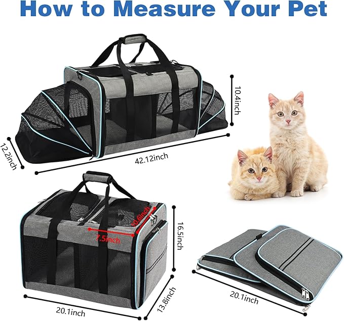 Portable 2-in-1 Pet Carrier,Double Compartment Cat & Dog Carrier for 2 Cats,Expandable Medium Dogs Large Cat Carrier with Sturdy Base,Breathable,Good for Traveling Walking Camping（Blue）