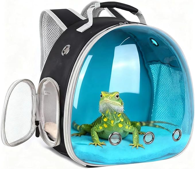 Bearded Dragon Travel Carrier Backpack with Soft Warm Mat Set,Lizard Backpack Carrier,Space Capsule Clear Bubble Window Astronaut Reptile Carrier Backpack for Guinea Pig,Sugar Glider,Bunny