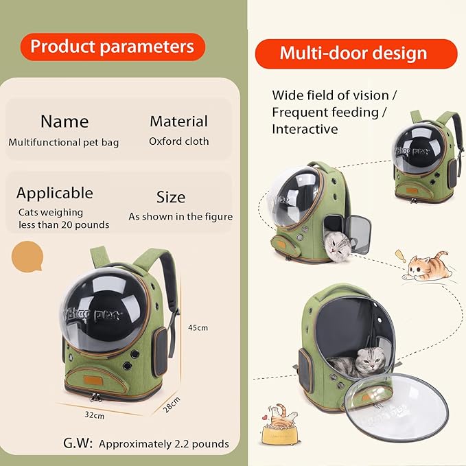 Cat Backpack Carrier, Breathable Cat Carrier Large Space Bubble Pet Backpack for Small Dog and Large cat up to 18lbs, Transparent & Foldable Pet Carrier for Travel Hiking (Green)
