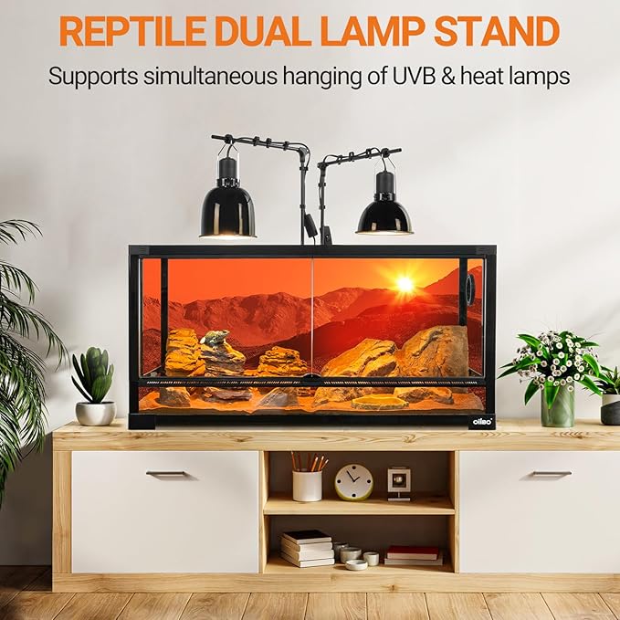 Oiibo Reptile Dual Lamp Stand, Floor Light Holder with Adjustable Heigh Bracket Metal Support for Reptile & Amphibian Terrarium Tank Vivarium Cage