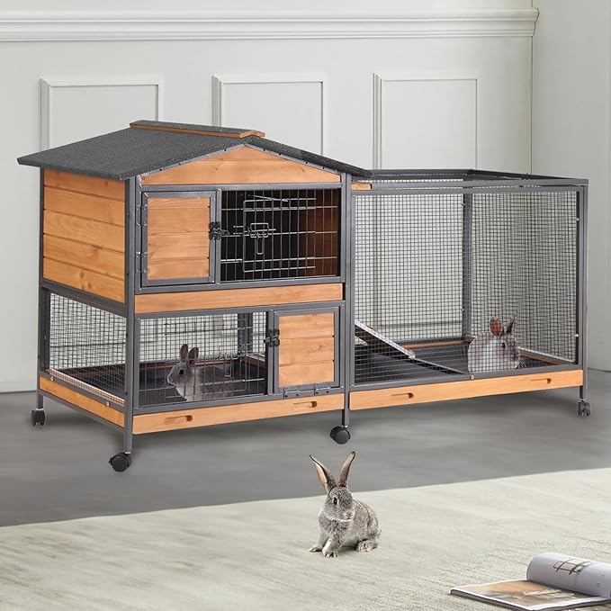 Indoor Rabbit Hutch with Metal Frame & Pull-Out Tray - Spacious Cage with Exercise Run Area for Rabbits (Orange, L)