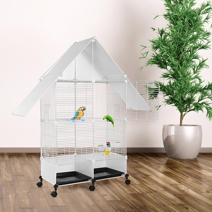 House Shape Bird Cage with Rolling Stand - Large 2 Tier Iron Bird Cage with Lock, Spacious Flight Habitat for Parakeets & Cockatiels, Easy Mobility Safe Home for Small Birds