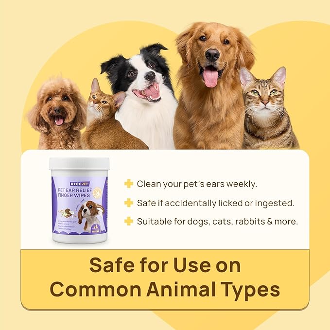 HICC PET Ear Cleaner Finger Wipes for Dogs & Cats, Vet-Recommended Dog Ear Infection Treatment to Relief Itching & Inflammation, Remove Wax, Dirt & Stop Smelly, Non-Irritating, 50ct(Coconut Scent)