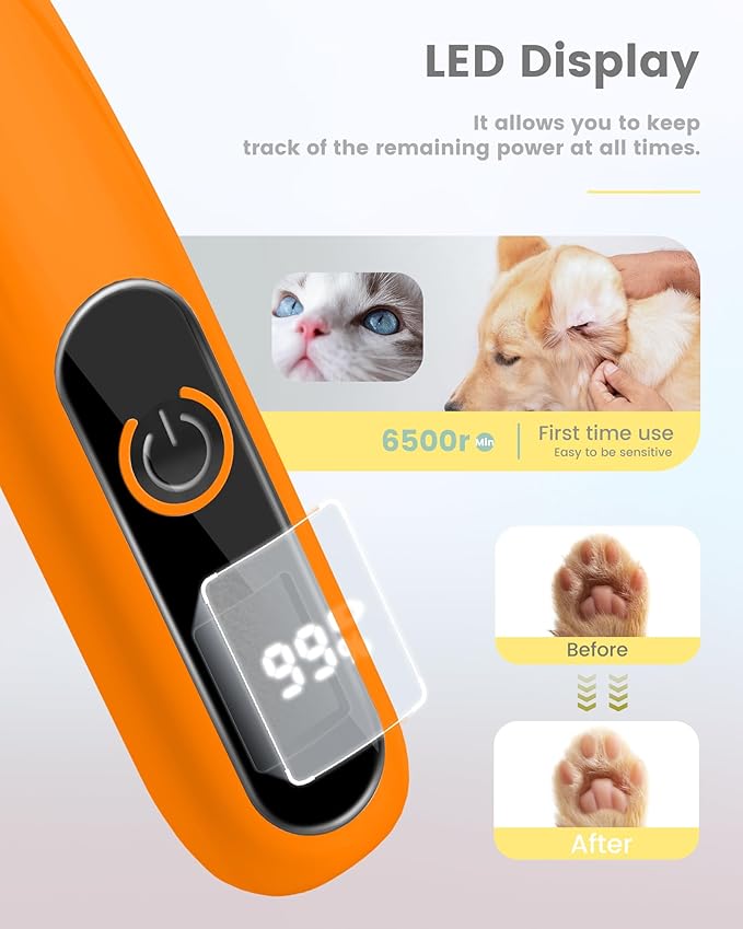 Dog Paw Trimmer with LED Display, Ultra-Low Noise Cordless Paw Trimmers for Dog's Feet, Cordless Hair Trimmer for Paws, Ears, Face, Rump