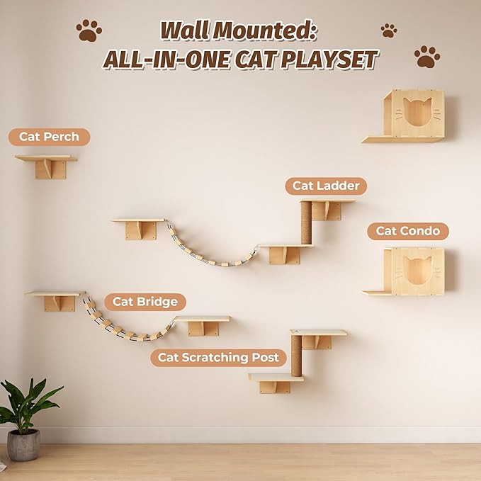 Cat Wall Shelves, Wood 8-in-1 Cat Wall Furniture Set, Large Cat Shelves for Wall with Scratching Post, Cat Climbing Wall Activity Center for Climb, Play, Rest, and Scratch, Natural Wood