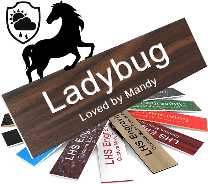 Horse Stall Name Plate, 2x12 Personalized Stall Signs, UV Protected, All Weather Adhesive, Hanging, Mounting or Other, Teak Plastic White Letters - Made in USA - N7