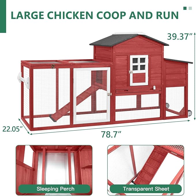 79" L Chicken Coop with Run, Mobile Chicken Hen House with Nesting Boxes, Wheels, Outdoor Indoor Rabbit Hutch, Poultry Cage for Chickens Ducks Bunny with Removable Tray, Ramp (Red)
