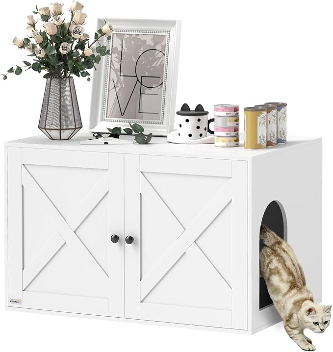 PawHut Cat Litter Box Enclosure, Hidden Litter Box Furniture with Barn Door, Cat Hole, Indoor Pet House Washroom, End Side Table, 31.5" x 21" x 20", White