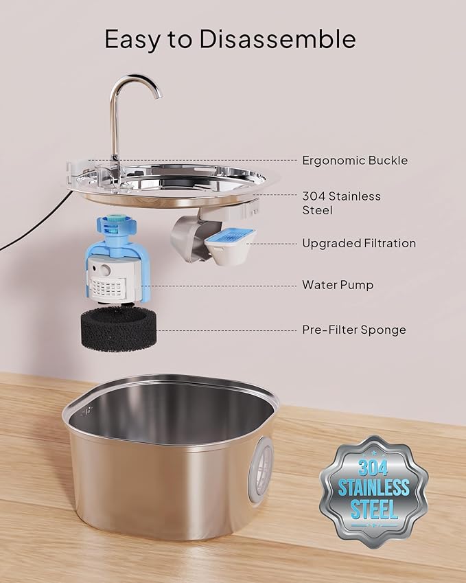 PEKTACO Cat Water Fountain, Pet Water Fountain for Cats/Dogs Indoor, Stainless Steel Cat Drinking Fountains with Water Level Window and 6 Filters + 6 Sponges(3.2L/108oz)
