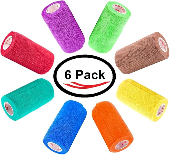 3 Inch Vet Wrap Tape Bulk (Assorted Colors) (Pack of 6) Self Adhesive Adherent Adhering Flex Bandage Grip Roll for Dog Cat Pet Horse