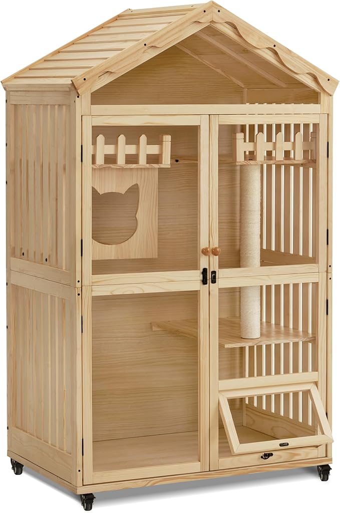MCombo Wooden Indoor Cat House, Cat Condo with Entrance, Kitten Cage Catio with Lockable Doors and Wheels, CT291