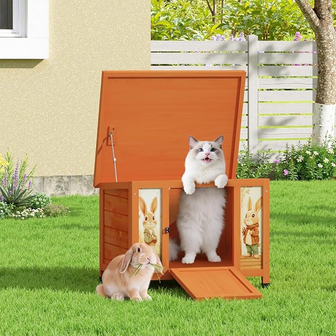 COZIWOW 24 Inch Rabbit Hutch Outdoor, Weatherproof Cat House, Bunny Cage Indoor with Non-Slip Ramp, Portable Wooden Shelter for Rabbits, Feral Cats, Chicken, Duck & Other Small Animals (Orange)