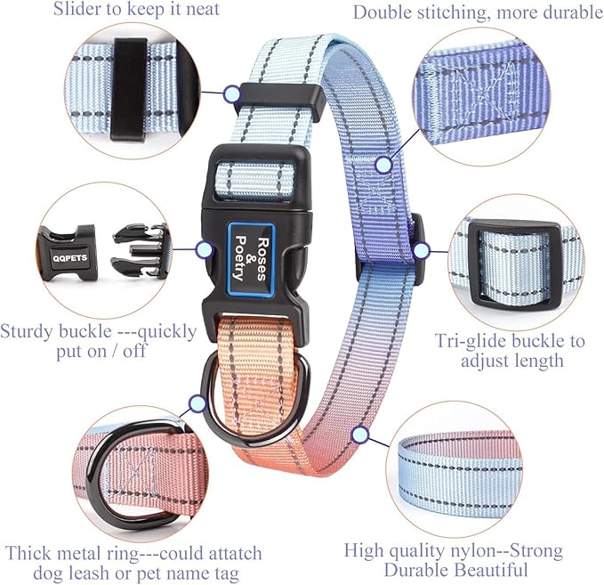 Roses&Poetry Reflective Dog Collar with Gradient Azure, Adjustable Durable Pet Collars for Small Medium Large Dogs (Azure-L)