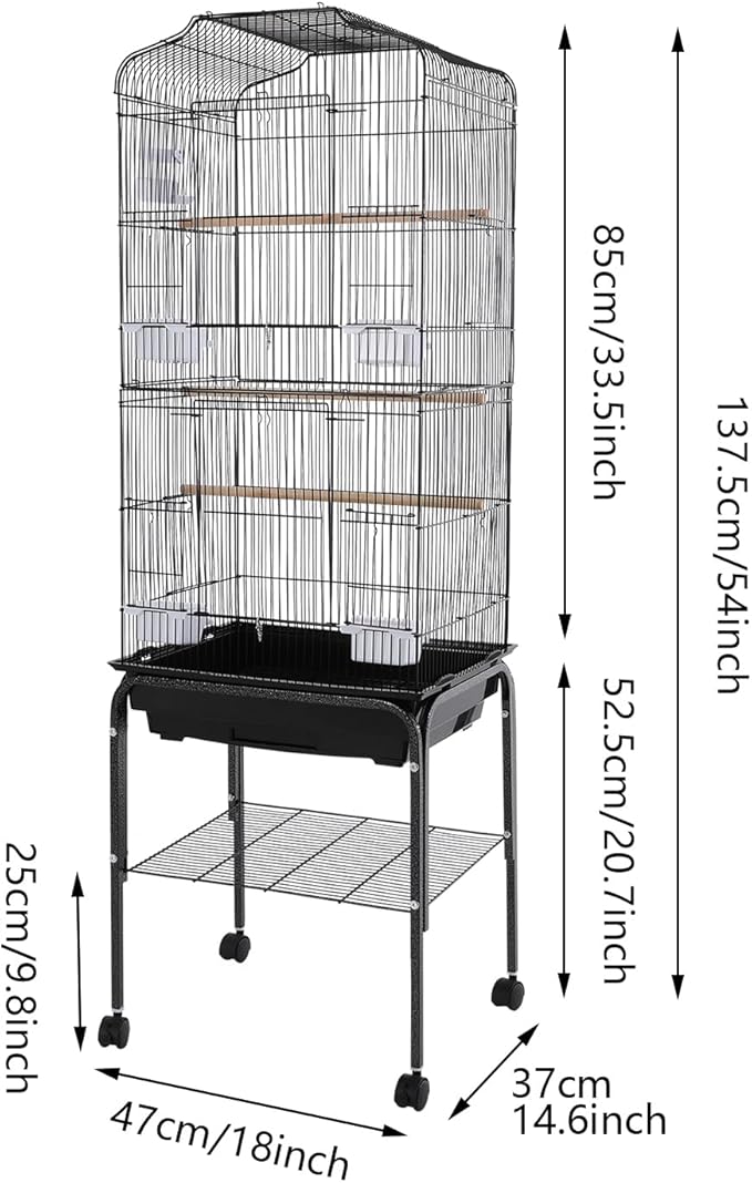 Large Bird Cage with Wheels Parrot Cages for Large Birds Iron Bird Cage with Stand Outdoor Birdcages with Tray, Feeding Bowls & Waterer Big Bird Cages for Parakeets, Lovebird & Pigeon (Black)