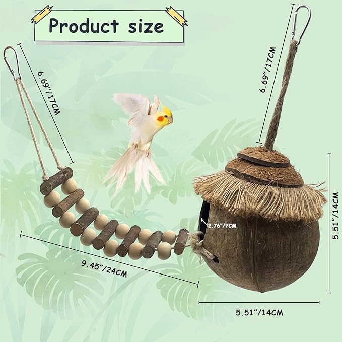 Tfwadmx Hanging Bird House with Ladder Natural Coconut Fiber Birds Nest Coco Shell Hideaway Lovebird Swing Toys Parrot Cage Accessories for Parakeet Finch Parrot Canary