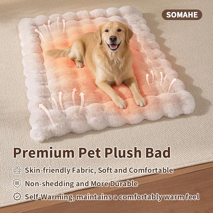 Self-Warming Dog Bed, Plush Faux Fur Mat with Anti-Slip Bottom, Ultra Soft Heated Pet Bed for Medium Large Dogs, Cozy Fluffy Pad for Carriers Couch Crate, Machine Washable, 35 x 27 Inch White