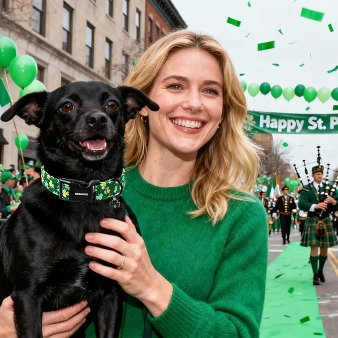 DOGWONG St Patrick's Day Dog Collar-Cute Green Clovers Dog Collars, Adjustable Shamrock Pet Collars Trefoil Puppy Collars with Quick Release Buckle for Girl&Boy Dogs,M
