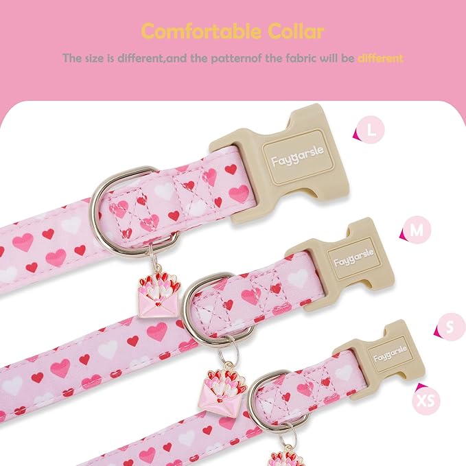 Faygarsle Valentine's Day Dog Collar, Pink with Red and White Hearts Pattern, Adjustable with Quick-Release Buckle and Heart Charm M