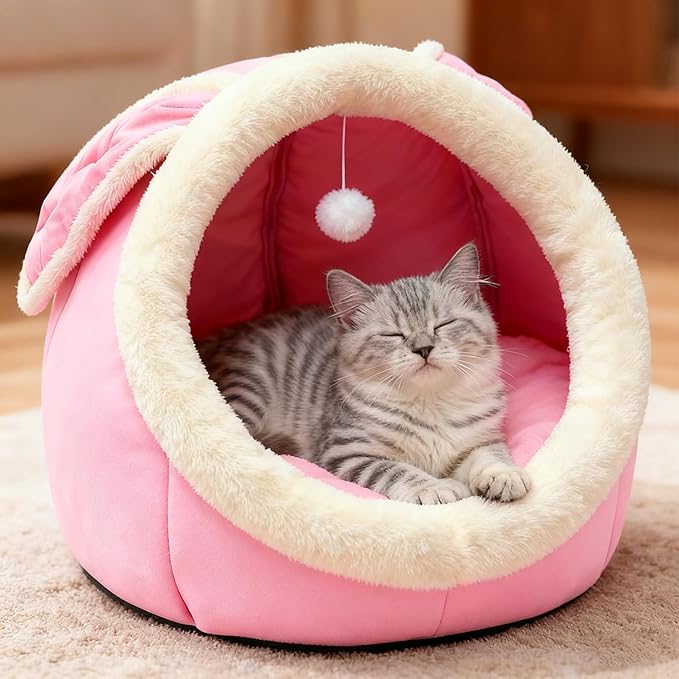 Lcybem Cat Beds for Indoor Cats - Rabbit-Shaped Cat Cave Bed with Hanging Toy,Super Soft Calming Pet Bed for Kitten,Small Dog,Warm Plush&Machine Washable&Removable Cotton Pad,cat Hideaway
