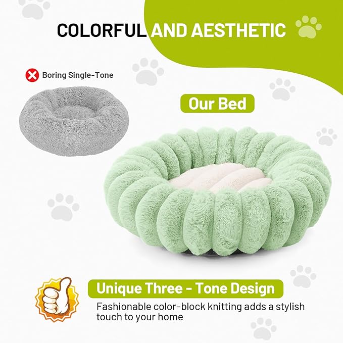 Cloudsoft Flower Cat Bed and Dog Bed, Washable Plush Pet Bed with Non-Slip Water-Resistant Bottom, Faux Furfor Cats & Small Dogs Up to 22 lbs, 22.8"x22.8" (Green)