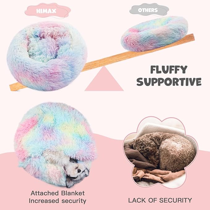 Himax Medium Dog Bed Washable, Round Dogs Beds with Blanket Attached, Calming Dog Bed, Multi-Colored (20"/26"/35")…
