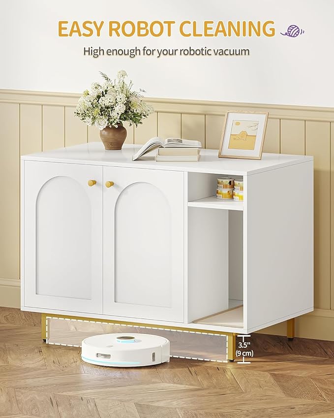 Cat Litter Box Enclosure Enclosed, Hidden Litter Box Cabinet Furniture with Storage, Wooden Indoor Cat House Large, Modern End Table for Living Room Entryway, White and Gold CB84903A