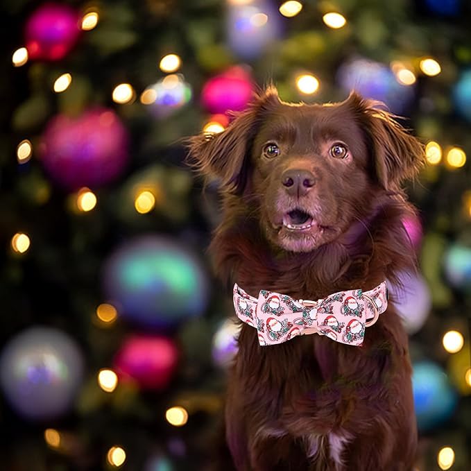 Christmas Dog Collar, Pink Christmas Santa Claus Dog Collar Bow Tie Pet Collars with Bow Adjustable Pet Collars with Premium Metal Buckle Dogs Necklace for X-Small Girl Dogs