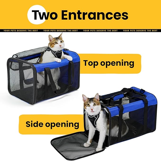 Cat Carrier Bag,Soft-Sided Pet Carriers for Dogs with 4-Sided Mesh,Airline Approved Cat Transport Carrier for Small&Medium Cats Kitten Puppy Up to 15LB,Collapsible Cat Travel Carrier-M,Blue