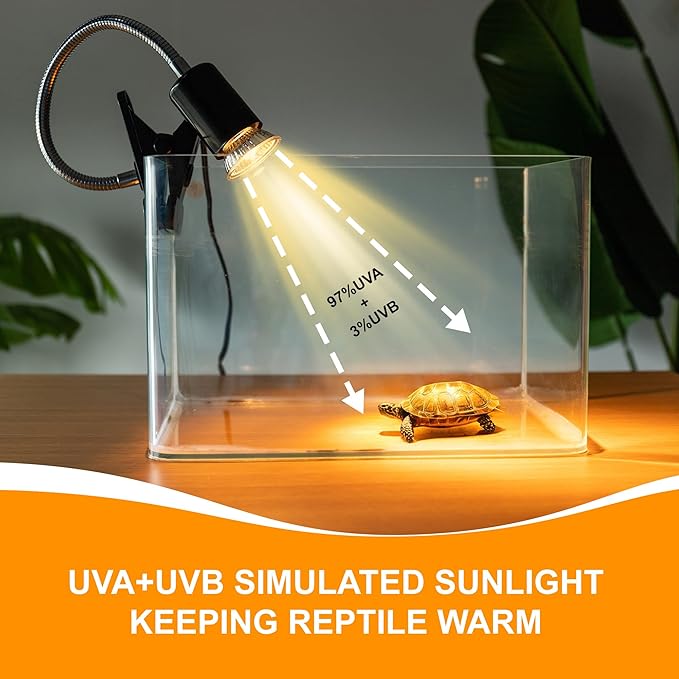 Reptile Heat Lamp, UVA UVB Turtle Basking Light with 50W Heating Lightbulb and 360° Rotatable Clip, UV Heatlamp for Turtle Tank, Tortoise, Lizard, Reptiles, Terrarium, Snake, Gecko, Spiders