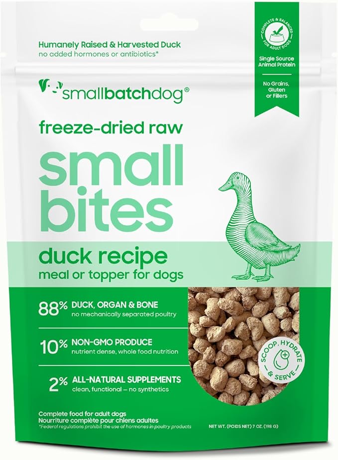 smallbatch Pets Freeze-Dried Raw Dog Food – Duck Recipe – 7oz Small Bites – Grain Free, High Protein, Complete Meal or Topper – Made in USA with Organic Produce & Humanely Raised Duck