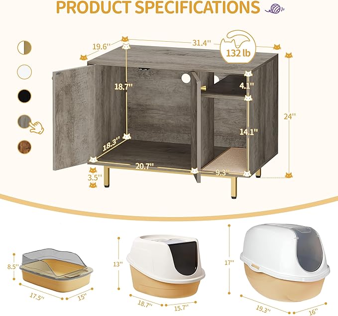 Cat Litter Box Enclosure Enclosed, Hidden Litter Box Cabinet Furniture with Storage, Wooden Indoor Cat House Large, Modern End Table for Living Room Entryway, Greige and Gold CB01505G