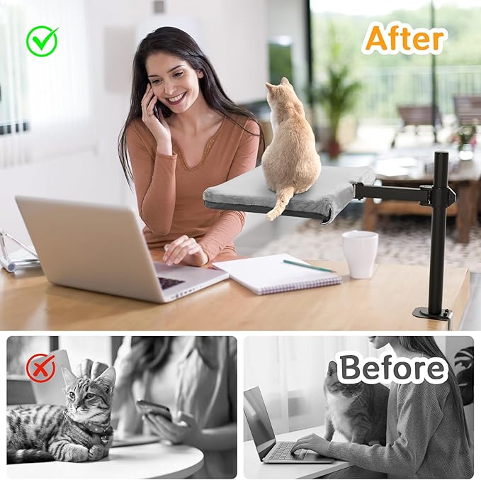 Cat Desk Bed - Steel Frame,180° Rotating & Adjustable Height, Removable Washable Soft Fabric Cat Perch for Office Desks and Game Tables, Supports 25 lbs