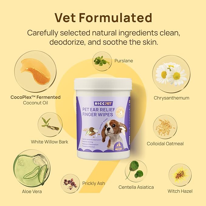 HICC PET Ear Cleaner Finger Wipes for Dogs & Cats, Vet-Recommended Dog Ear Infection Treatment to Relief Itching & Inflammation, Remove Wax, Dirt & Stop Smelly, Non-Irritating, 50ct(Coconut Scent)