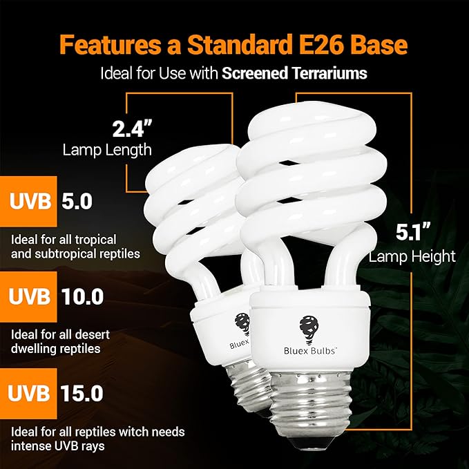Bluex Bulbs 2 Pack 13-Watt Reptile Light - Intense UVA/UVB, 15.0 UVB, Compact Florescent, Suitable for Desert Reptiles & Amphibians, Promotes Natural Behavior, CFL Bulb (UVB 15.0)