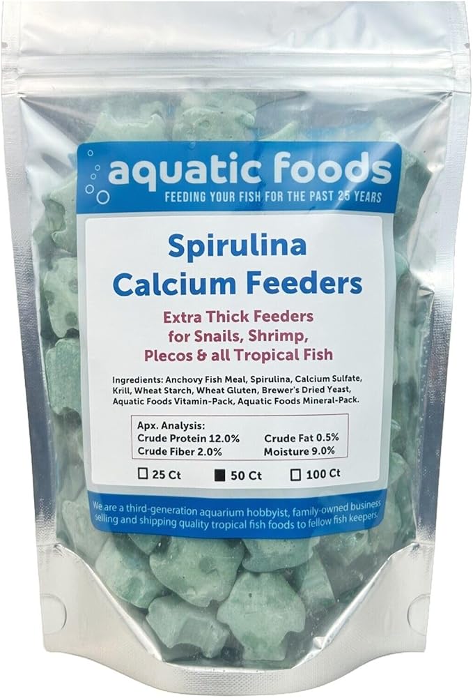 Aquatic Foods Inc. Spirulina Enriched Calcium Feeders for Shrimp, Snails, Crabs, Crayfish, Pleco, Catfish, All Tropical Fish…50 Count Bag
