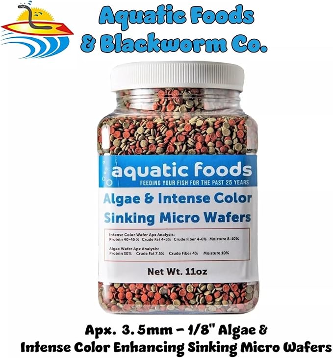 Aquatic Foods Inc. 3.5mm - 1/8" Micro Wafer Mix of Spirulina Algae & Intense Color Enhancing Sinking Micro Wafers for Catfish, Plecos, Bottom Fish, Shrimp, Crabs, All Tropical Fish..11oz Small Jar