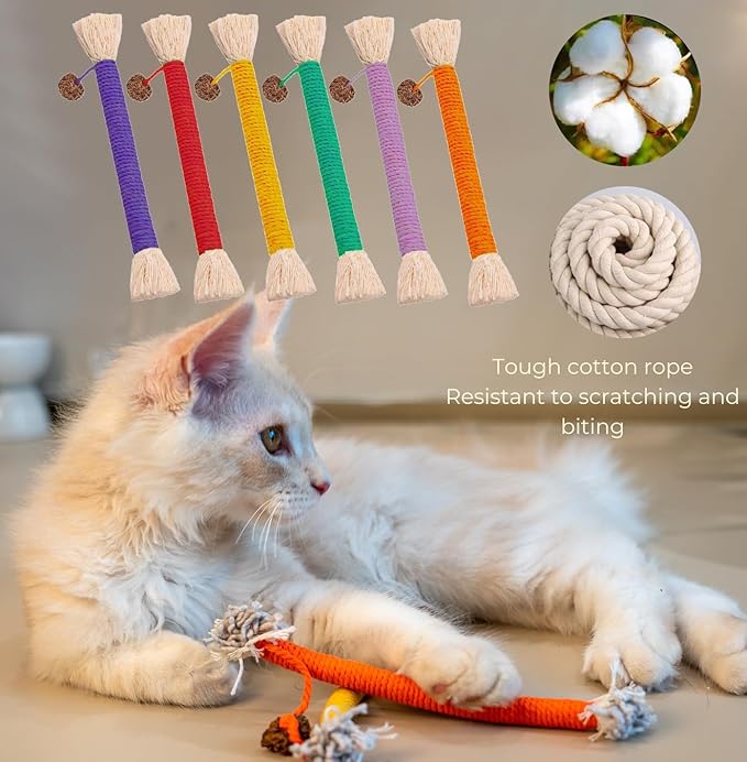 Bent Cat Rope Toy, Pet Chew Toys, Interactive Tease Toys for Cats and Kittens, Bite-Proof Playthings, Cotton Rope Kitten Toys Dental Care Stress Relief Pet Supplies (Medium 6 Pack)