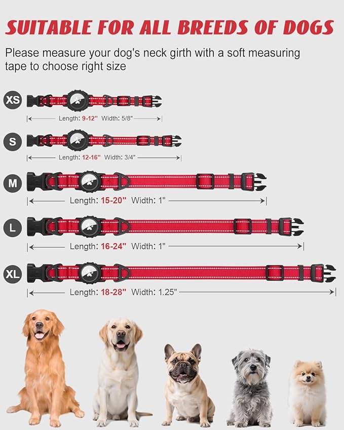 Joytale Airtag Dog Collar, Reflective Pet Collar with Waterproof AirTag Holder, Dual D-Rings, Soft Padded Adjustable for Extra Large Dogs, Red, XL