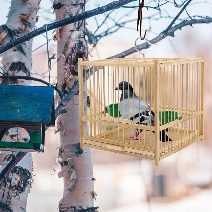 Kisangel 1set Bamboo Bird Cage Small Parrot Cage with Hanging Hook Tray for Retro Travel Budgie Lovebird Cockatiel Parrot,8.06 x 8.06 x 8.06 inches