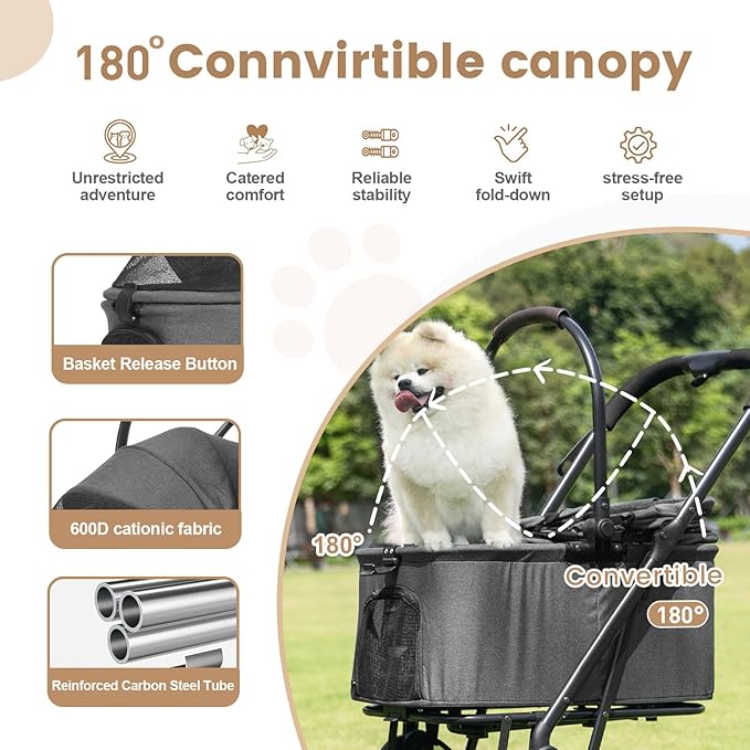 Wdyvko 3 in 1 Dog Stroller, Upgraded Frame, Up to 44lbs Pet Stroller with Dog Poop Bags & Dispenser, Zipperless Entry, Storage Basket & Pouch for Small Dogs Cats (Dark Grey)