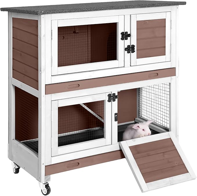 Rabbit Hutch Indoor, 36'' Bunny Hutch Outdoor, Mobile Rabbit Cage with Wheels, 2-Story Bunny Cage with 2 Pull Out Trays, Wooden Guinea Pig Cage (Brown)