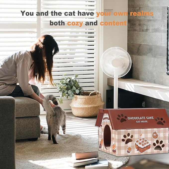 Cardboard Cat House with Scratcher - Chocolate Cake Carton Cat Box - 18''L x 15.5''W x 14''H for Cats up to 20 Lbs, Sturdy Kitty Playhouse & Hideaway - Indoor Feline Scratch Toy