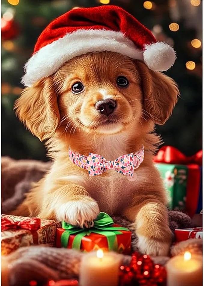 Christmas Dog Collar with Bow Tie, Pink Christmas Tree Collars for Dogs, Adjustable Pet Collar with Cute Xmas Tree Pendant, Winter Dog Accessories for Small Medium Large Dogs S