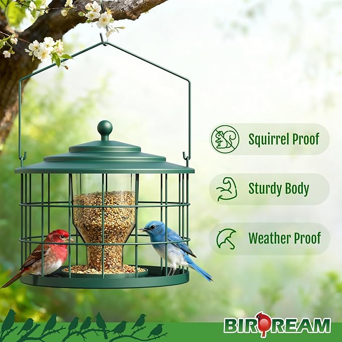 Squirrel Proof Bird Feeder, Metal Cage Bird Feeder for Outdoors Hanging, Starling Resistant Design for Small Birds, Weatherproof with Drain Holes, Easy to Refill, Green