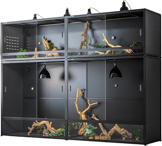 Reptile Tank 4-Pack Connectable Kit, 48"x24"x46" and 48"x24"x24" PVC Enclosures, Extra Large & Tall Stackable Terrariums for Bearded Dragon & Ball Python with Front Glass Doors & Locks