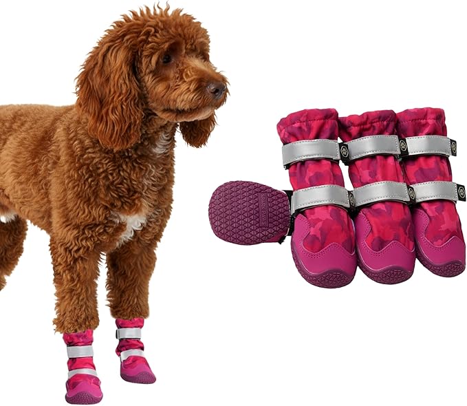 Spark Paws Dog Shoes, Waterproof Dog Boots for Medium to Large Dogs, Non Slip, Breathable Dog Booties and Paw Protectors - 4PCS Doggie Hiking Boots with Reflective Straps, Pink Camo, Size 4