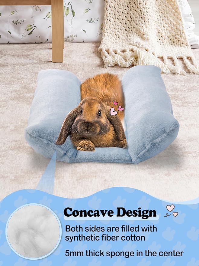 MEWTOGO 15.7 x 14In Rabbit Bed - Thickened Soft Bunny Concave Bed, Cuddle Cushion Plush Mat with Cotton Lounger Pillows, Small Pet Flop Mat for Cage Sleeping Indoor Bunny Gifts, Light Blue