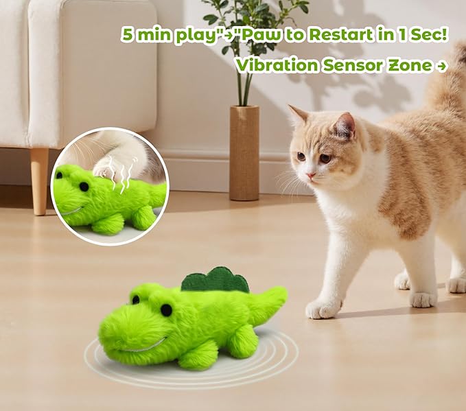 Interactive Cat Toys for Indoor Cats - Self-Charging Croc Chase Toy with 360° Motion, Wagging Tail & Catnip, Automatic Exercise Toy for Bored Kittens/Adults(Plush Fur)