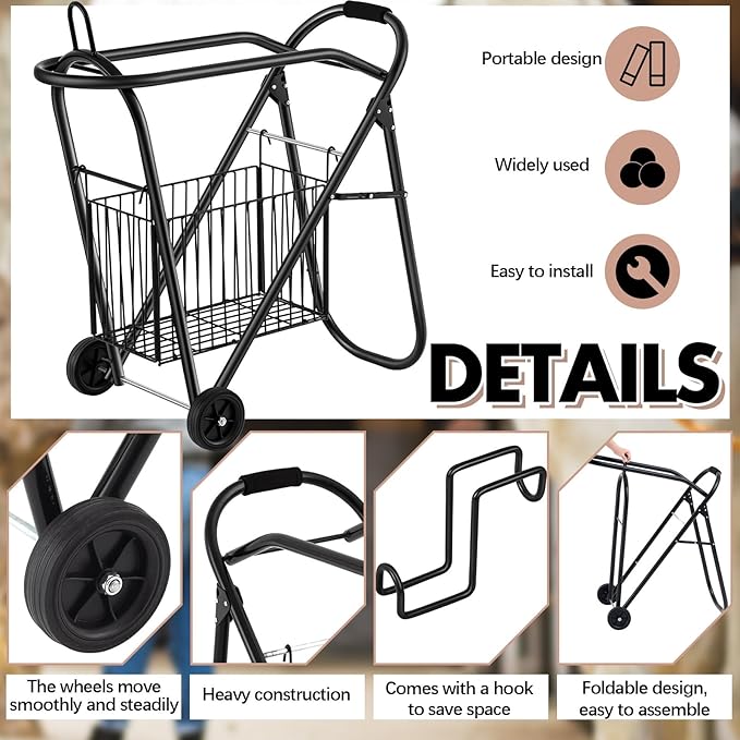 Horse Saddle Tack Cart with Wheels, Rolling Iron Heavy Duty Trailer Organizer with Hooks Foldable Horse Cinch Equipments Stable Storage Tool for Saddle Moving Transport Organizer Supplies